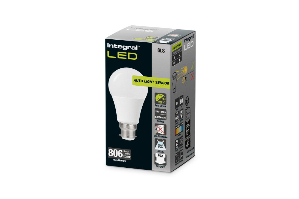 GLS BULB WITH DUSK TO DAWN DUAL SENSOR B22 806LM 8W 4000K NON-DIMM 240 BEAM FROSTED INTEGRAL - ILGLSB22SE143