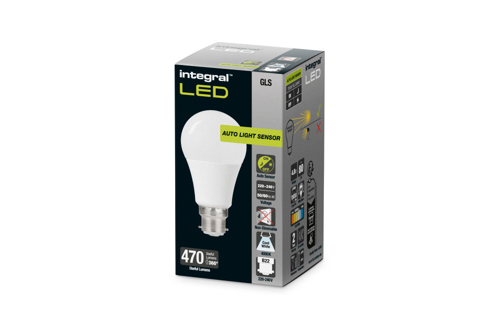 GLS BULB WITH DUSK TO DAWN DUAL SENSOR B22 470LM 4.8W 4000K NON-DIMM 240 BEAM FROSTED INTEGRAL - ILGLSB22SE142