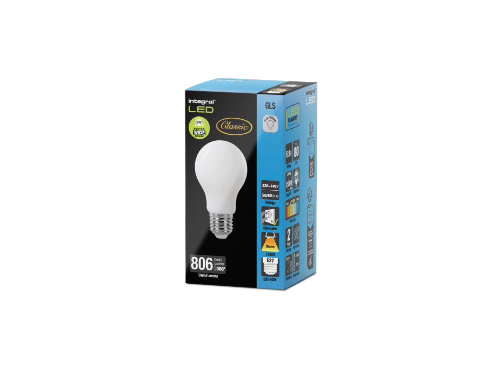 CLASSIC FILAMENT GLS BULB E27 806LM 5.9W 2700K DIMMABLE 330 BEAM FROSTED INTEGRAL - ILGLSE27DC095