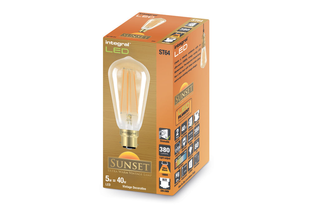 SUNSET ST64 BULB B22 380LM 5W 1800K DIMMABLE 300 BEAM AMBER INTEGRAL - ILST64B22D004