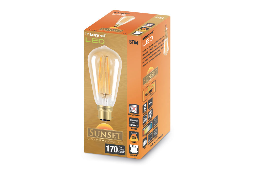 SUNSET ST64 BULB B22 170LM 2.5W 1800K NON-DIMM 300 BEAM AMBER INTEGRAL - ILST64B22N002