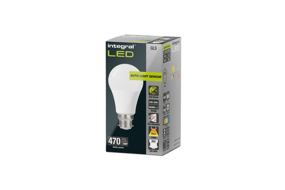 GLS BULB WITH DUSK TO DAWN DUAL SENSOR B22 470LM 4.8W 2700K NON-DIMM 240 BEAM FROSTED INTEGRAL - ILGLSB22SC125